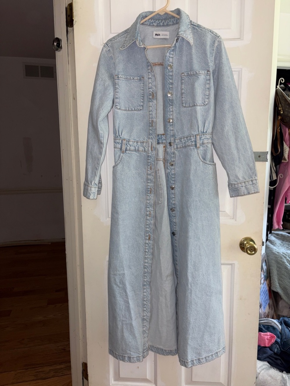 Zara Light Wash Denim Longline Button-Front Coat